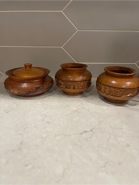 Set of 3 Hand-Carved Wood Spice Jars - Warm Brown